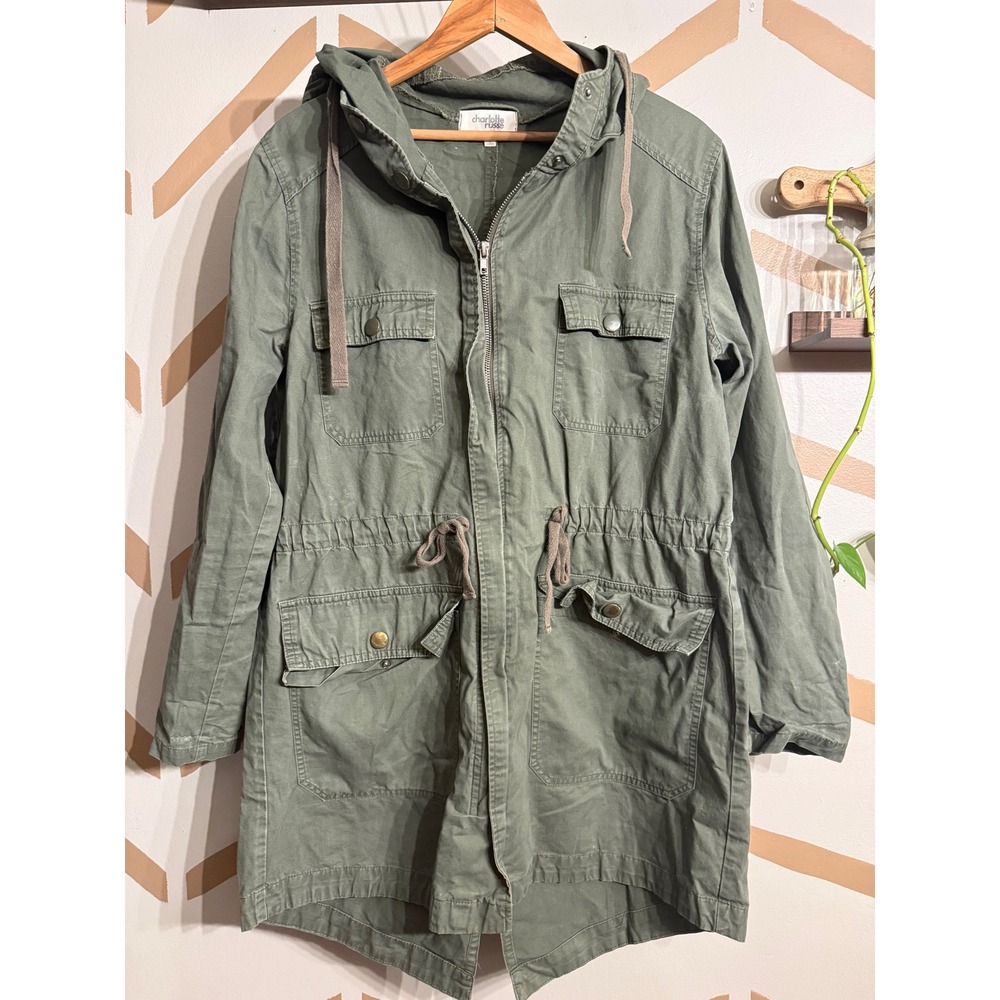Charlotte Russe Utility Jacket Women Medium Green Y2K Hooded Cargo Anorak